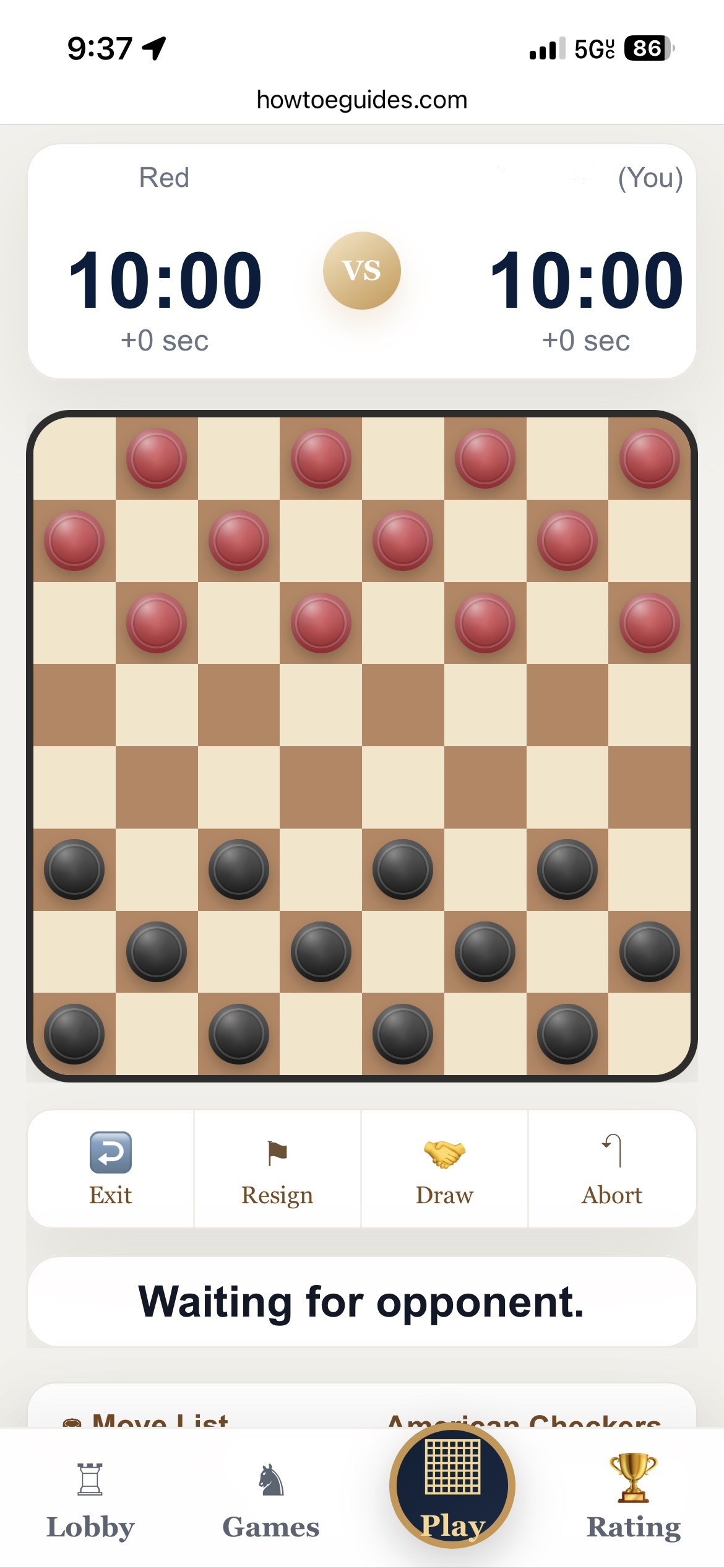 Checkers server live gameplay screen