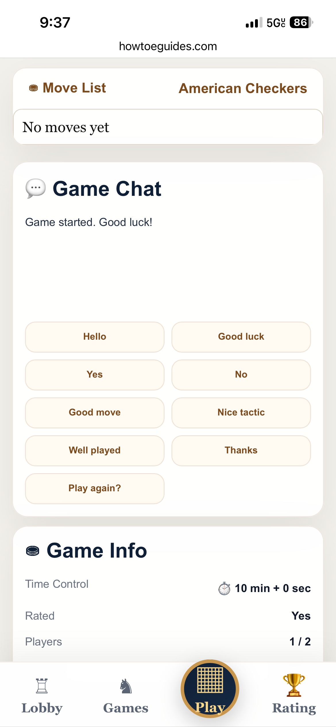 Lobby chat screen for checkers server